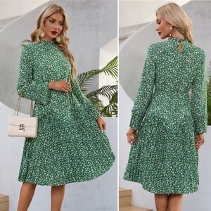 JJ’s House Midi Dress Pleated Floral Print High Neck A-line Green White S